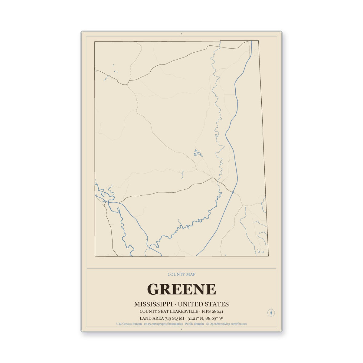 Greene County, Mississippi Map Aluminum Sign in Heritage Nautical style