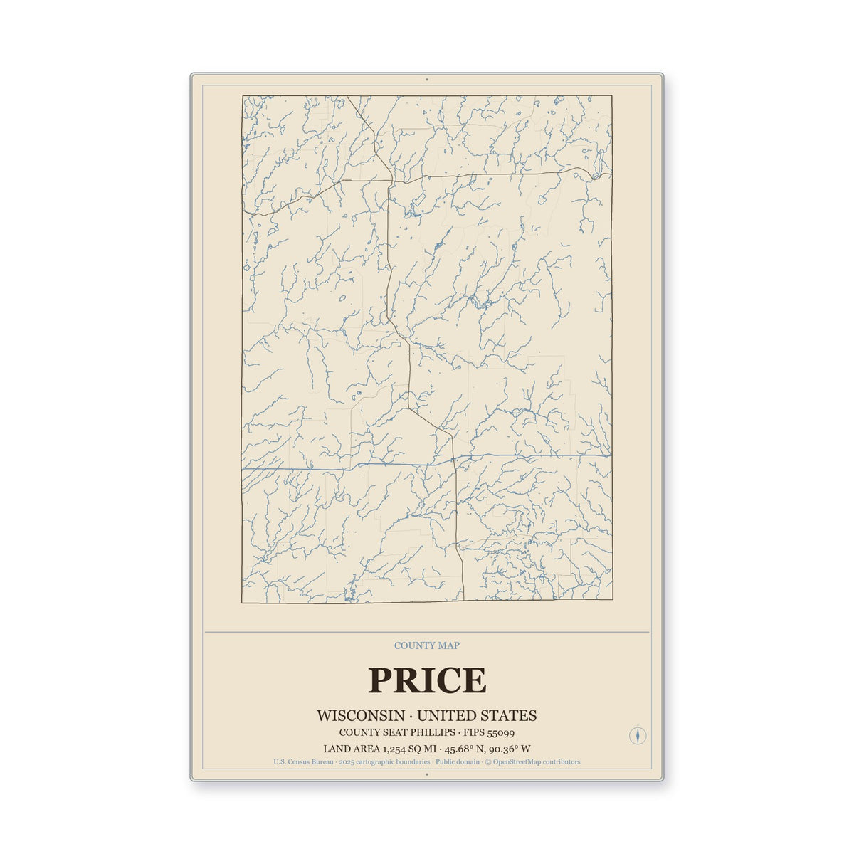 Price County, Wisconsin Map Aluminum Sign in Heritage Nautical style