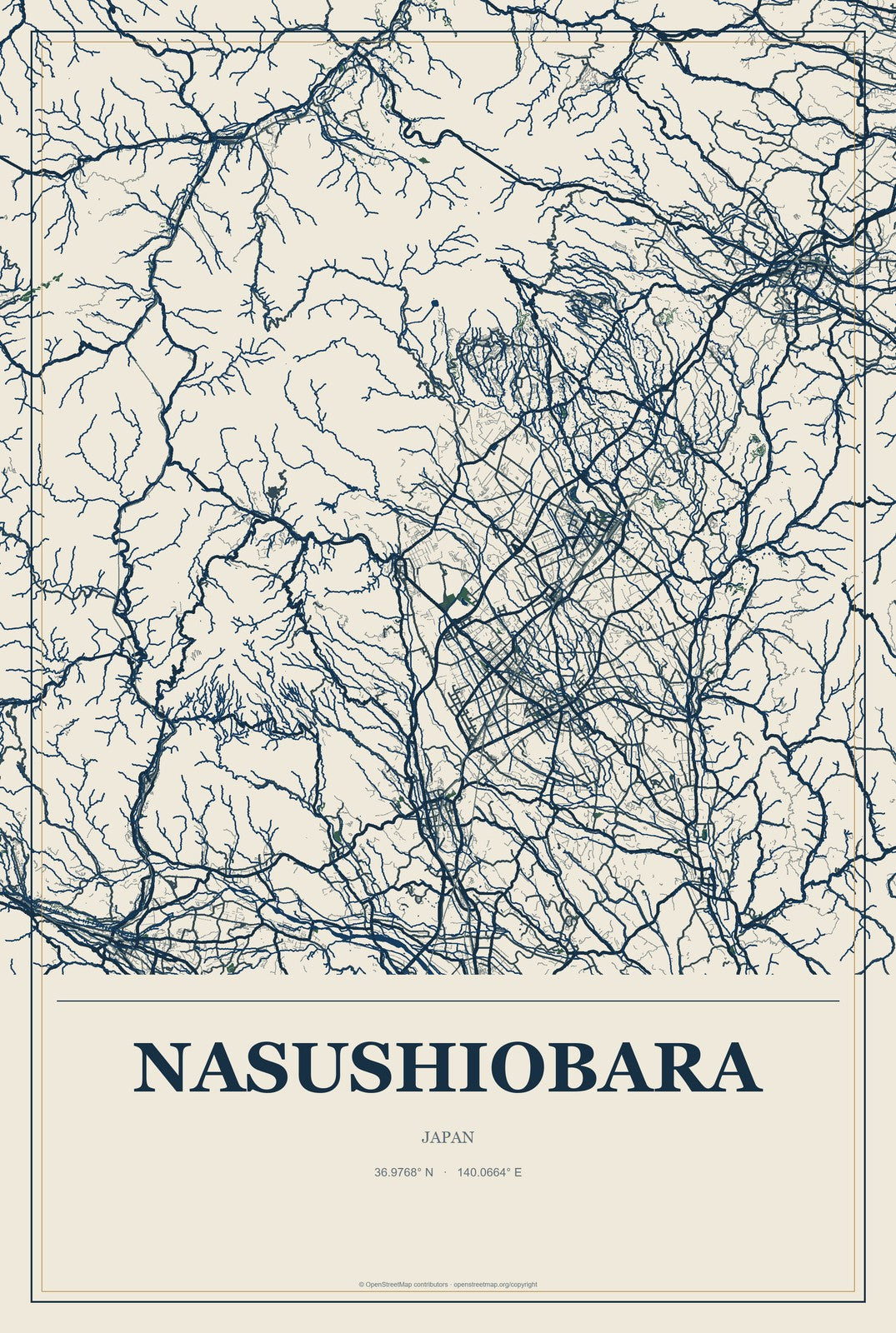 Nasushiobara, Japan City Map Aluminum Sign in Coastal Cutout style