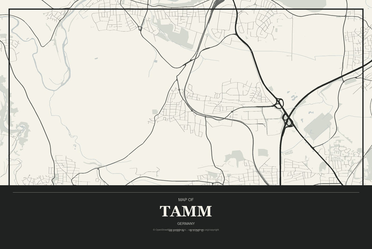 Tamm, Germany City Map Aluminum Sign in Museum Plaque style