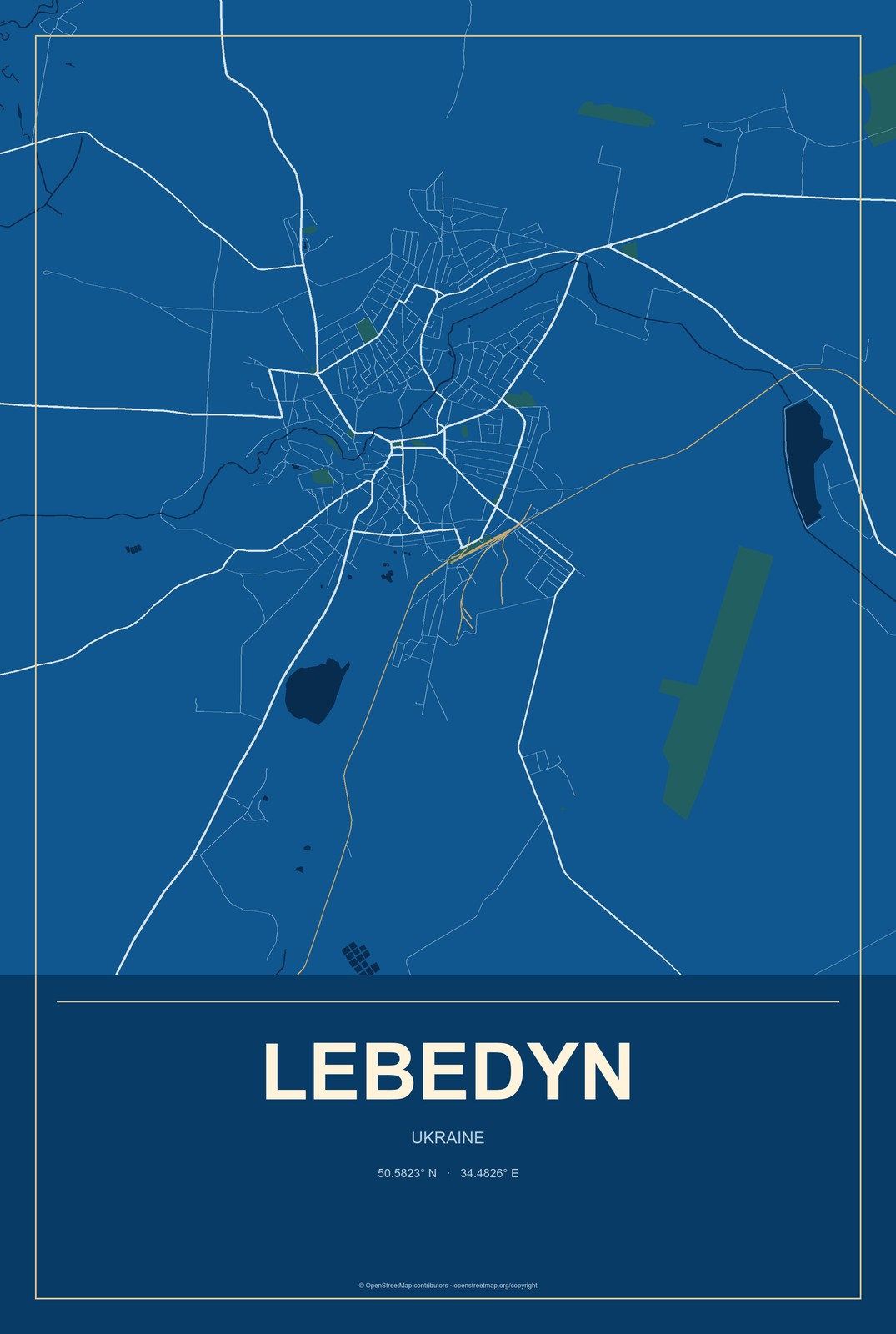 Lebedyn, Ukraine City Map Aluminum Sign in Harbor Cobalt style