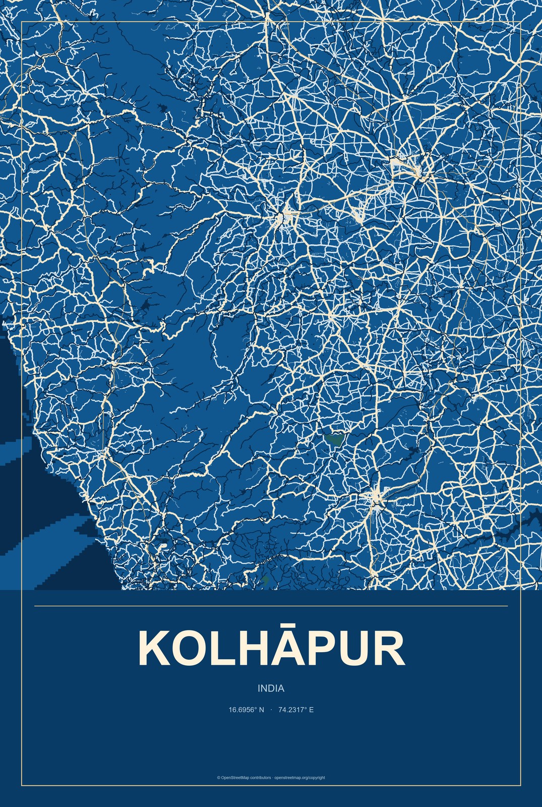 Kolhāpur, India City Map Aluminum Sign in Harbor Cobalt style
