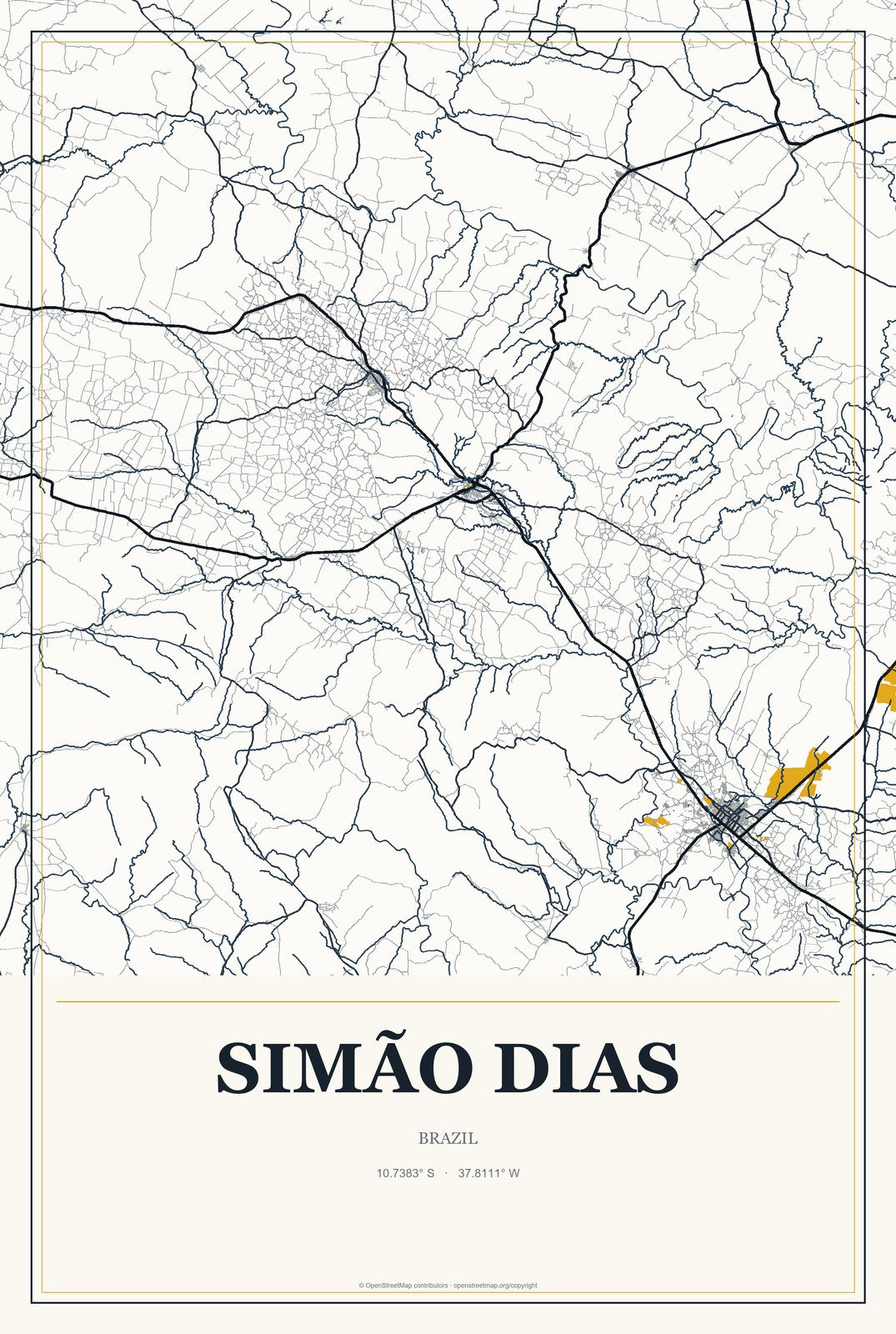 Simão Dias, Brazil City Map Aluminum Sign in Citrine Modern style