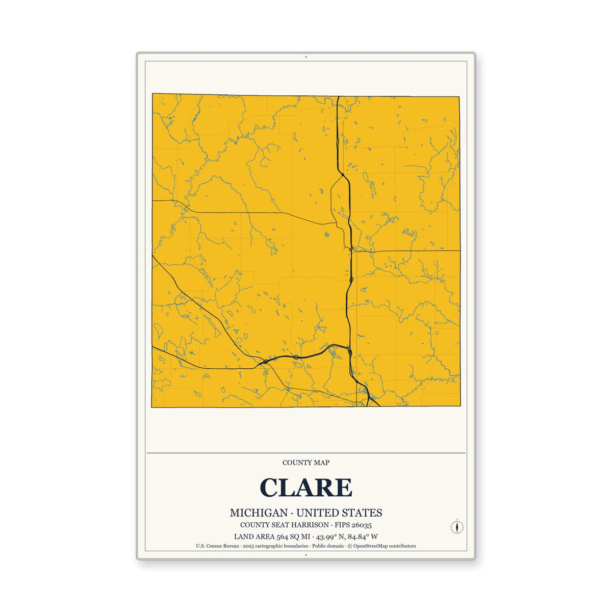 Clare County, Michigan Map Aluminum Sign in Citrine Modern style