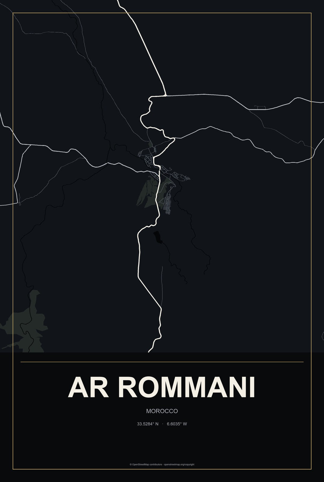 Ar Rommani, Morocco City Map Aluminum Sign in Metropolitan Noir style