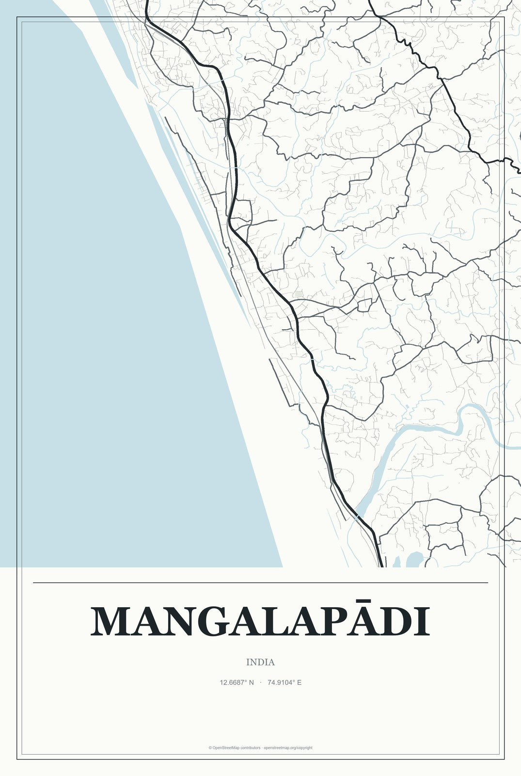 Mangalapādi, India City Map Aluminum Sign in Gallery Air style