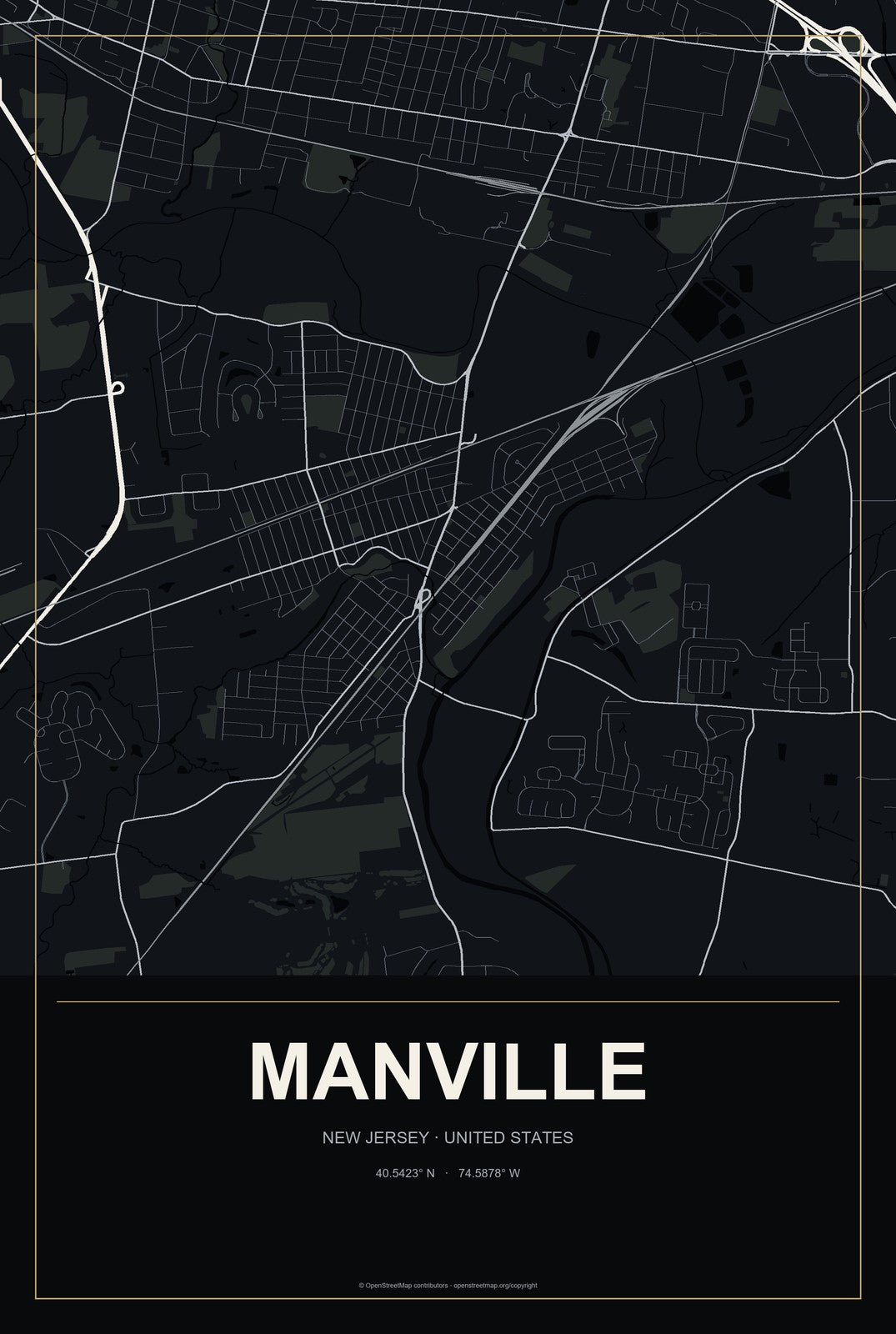 Manville, New Jersey City Map Aluminum Sign in Metropolitan Noir style