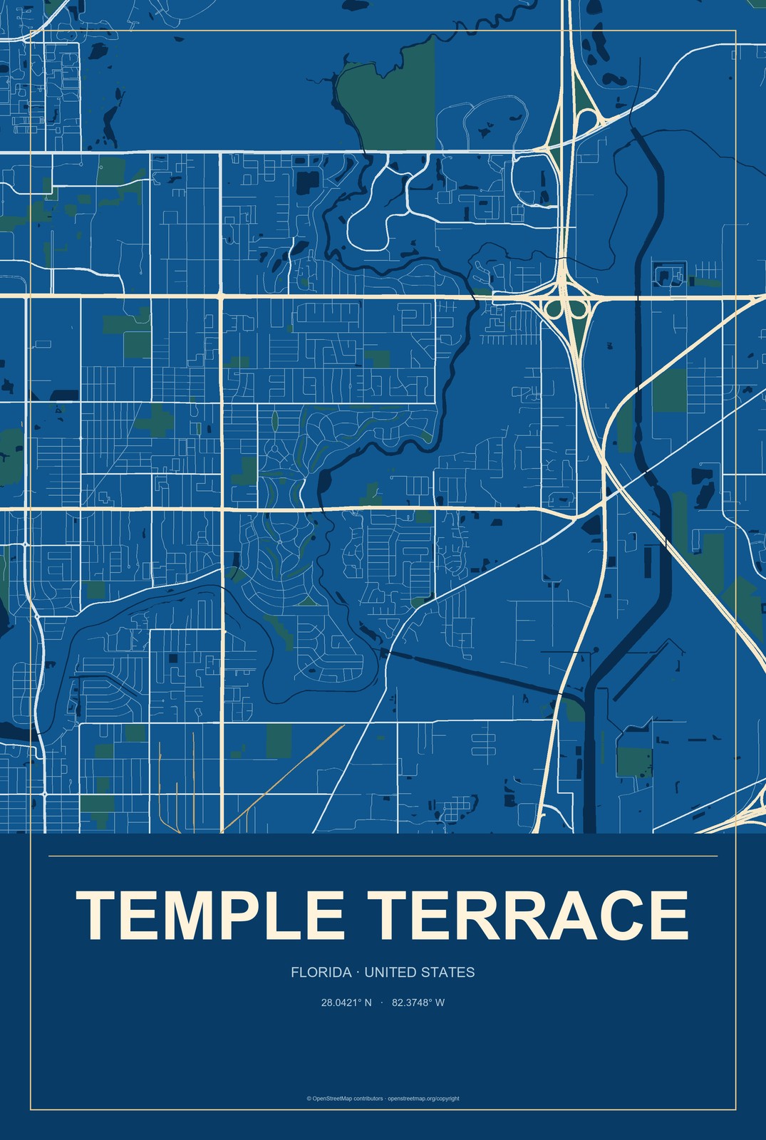 Temple Terrace, Florida City Map Aluminum Sign in Harbor Cobalt style
