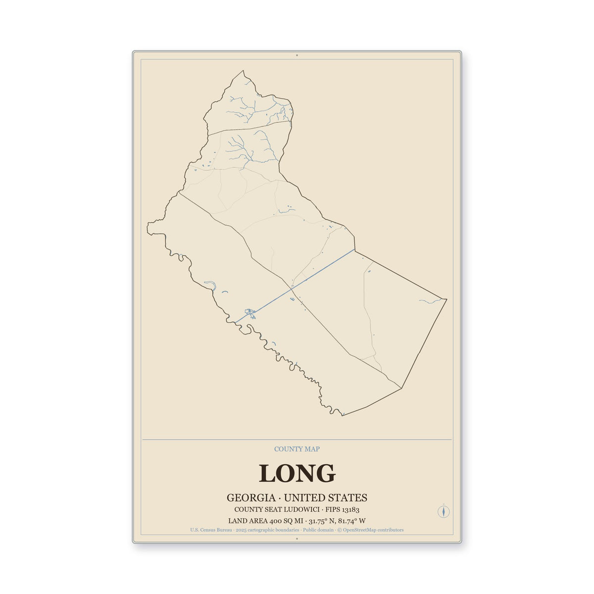 Long County, Georgia Map Aluminum Sign in Heritage Nautical style