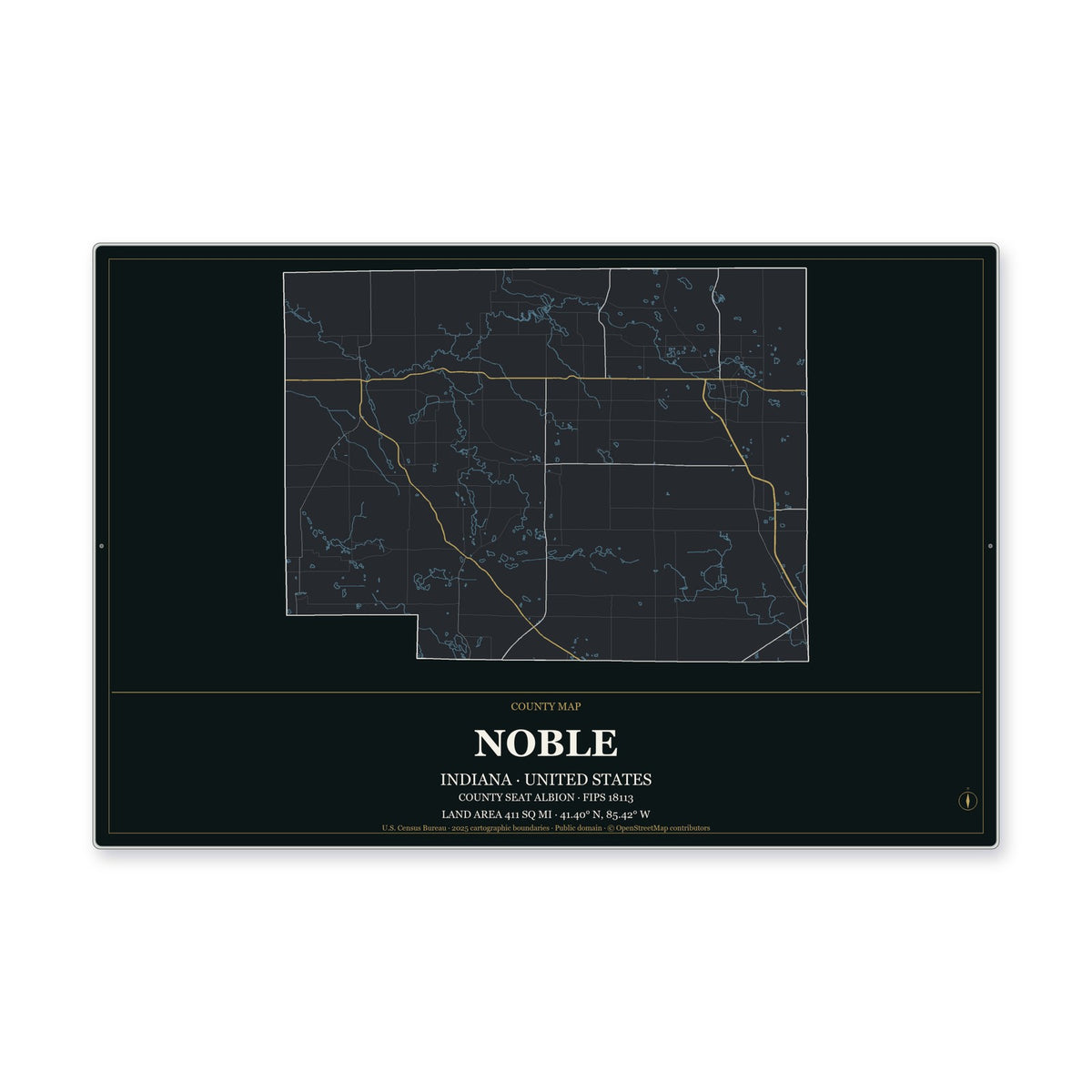 Noble County, Indiana Map Aluminum Sign in Metropolitan Noir style