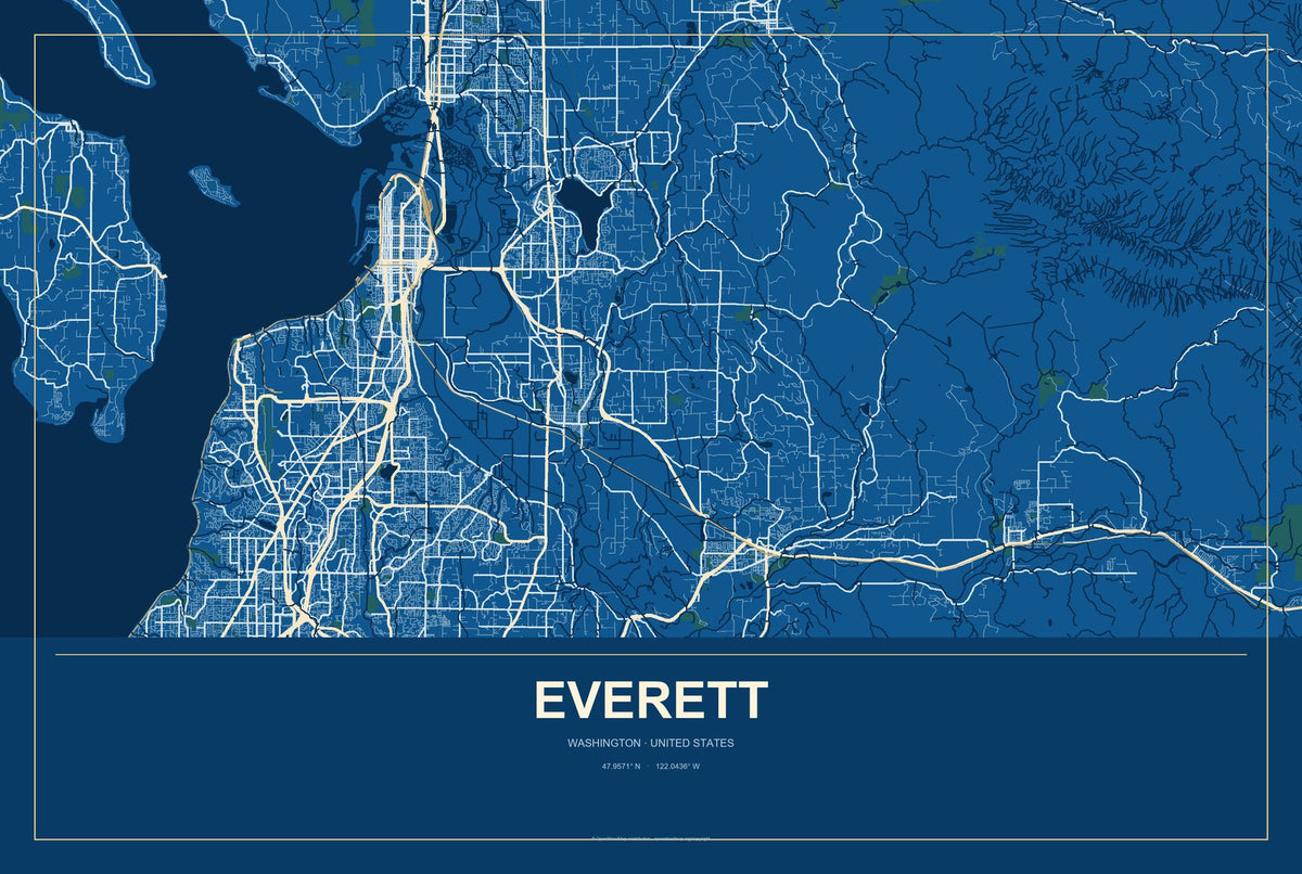 Everett, Washington City Map Aluminum Sign in Harbor Cobalt style