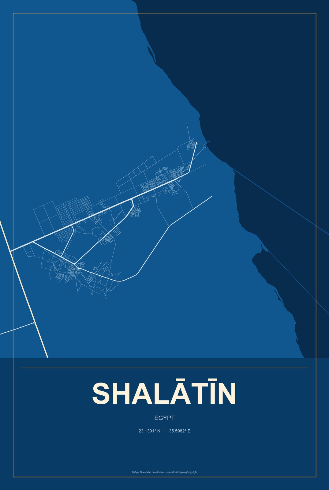 Shalātīn, Egypt City Map Aluminum Sign in Harbor Cobalt style
