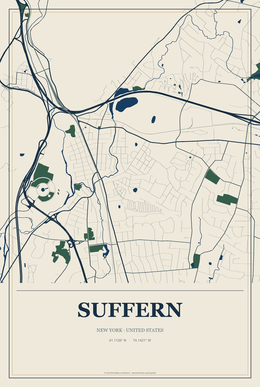 Suffern, New York City Map Aluminum Sign in Coastal Cutout style