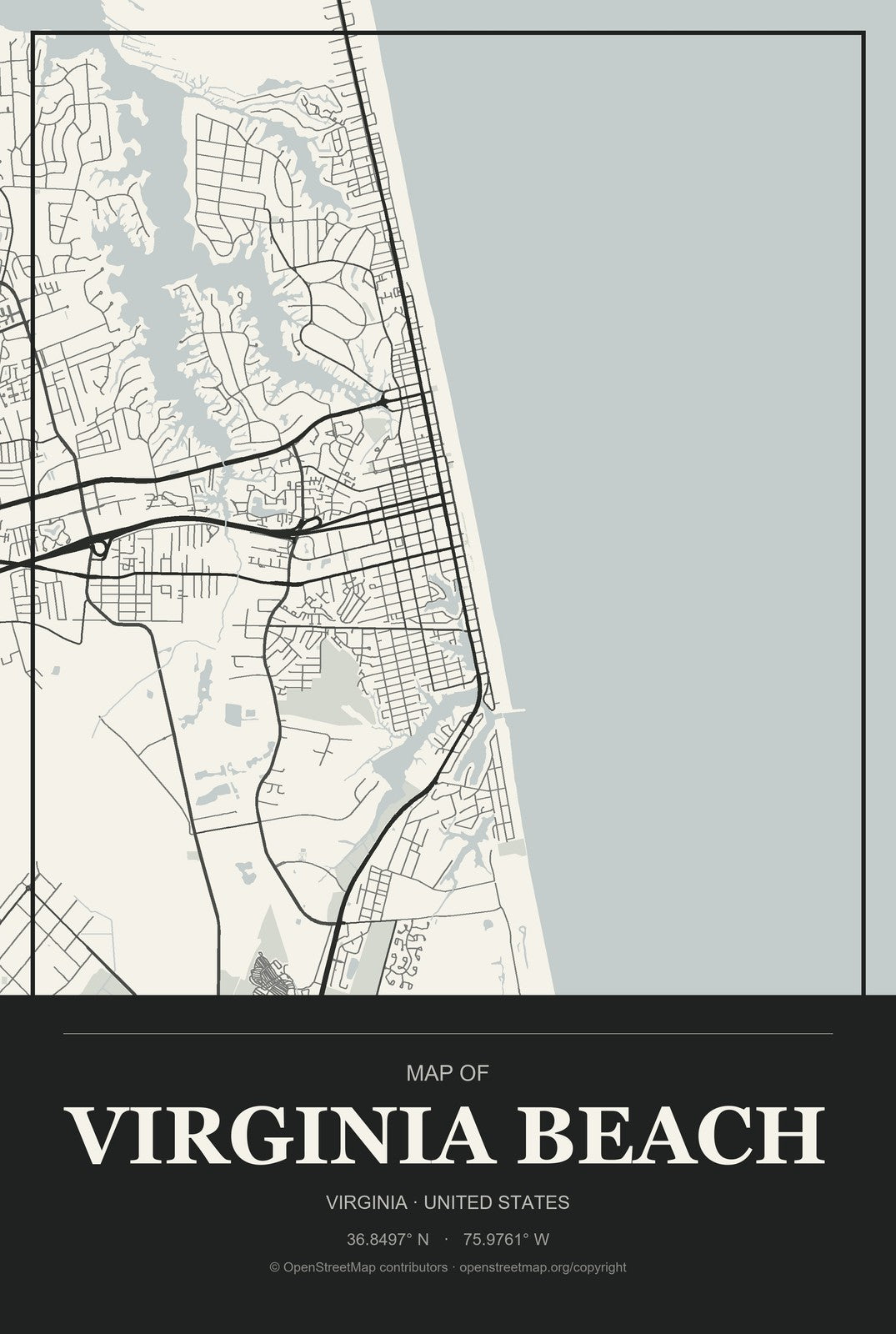 Virginia Beach, Virginia City Map Aluminum Sign in Museum Plaque style