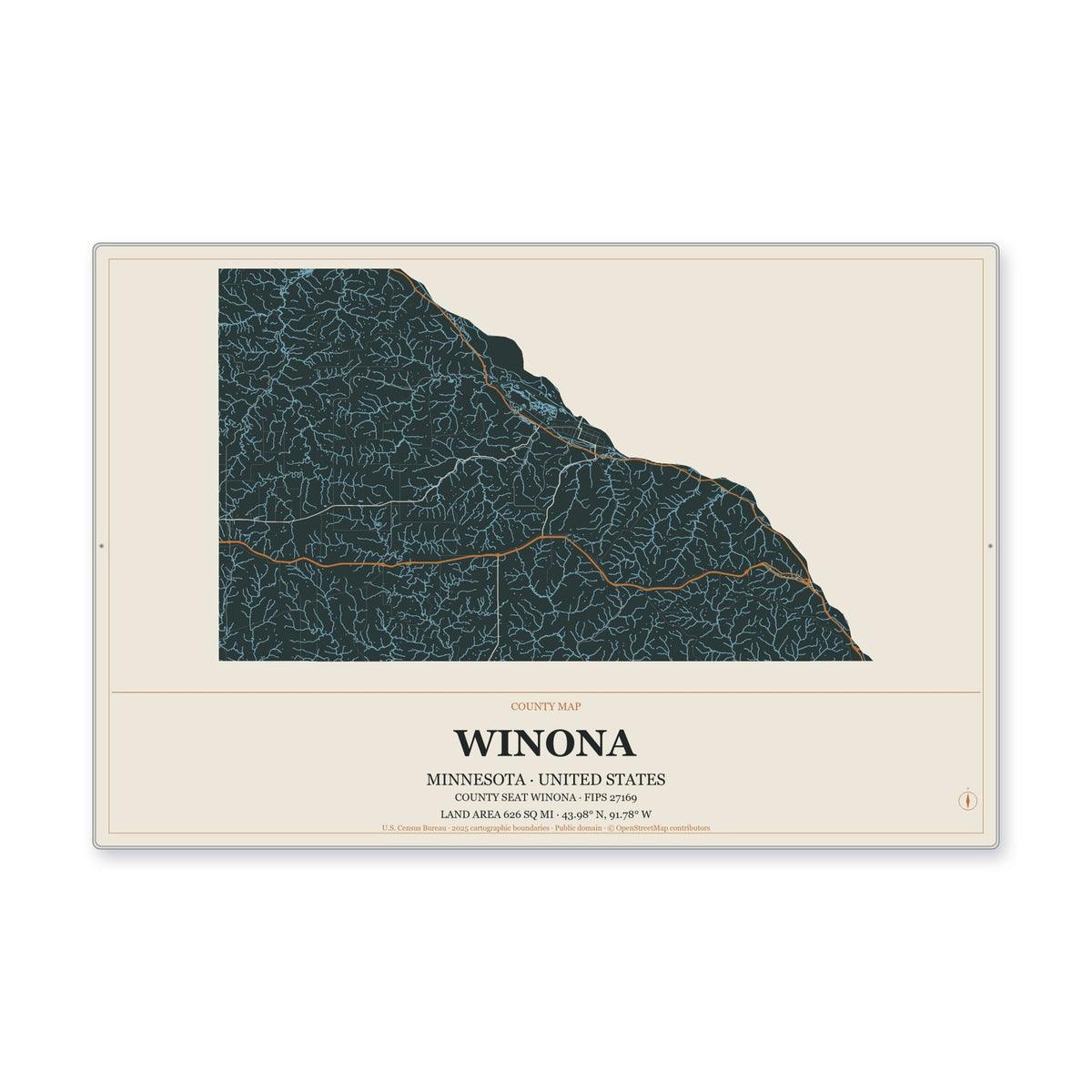 Winona County, Minnesota Map Aluminum Sign in Headline Atlas style