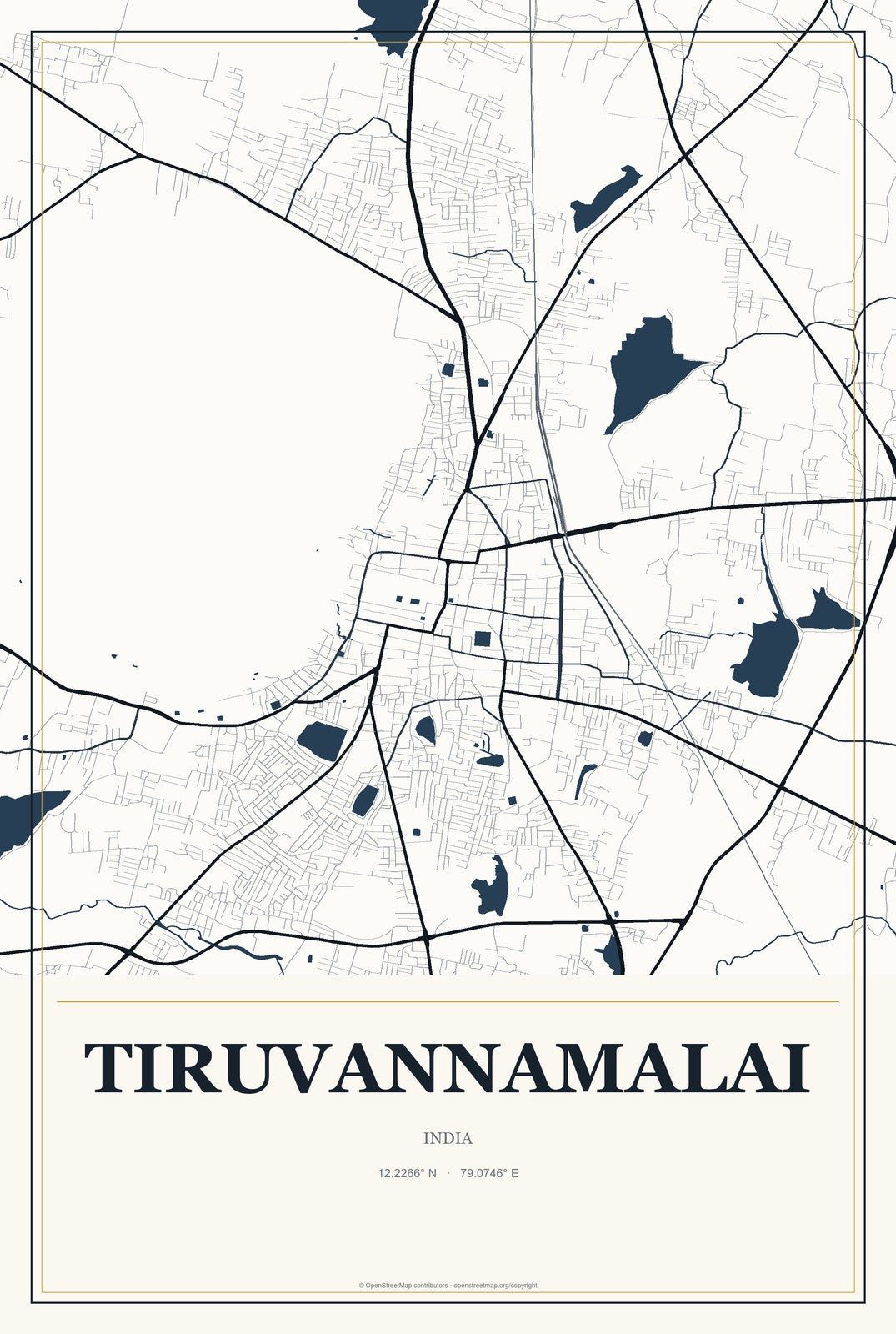 Tiruvannamalai, India City Map Aluminum Sign in Citrine Modern style