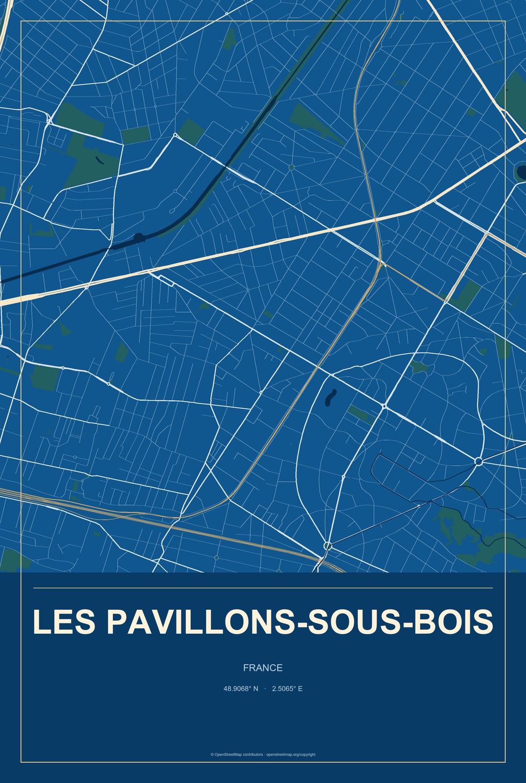 Les Pavillons-sous-Bois, France City Map Aluminum Sign in Harbor Cobalt style