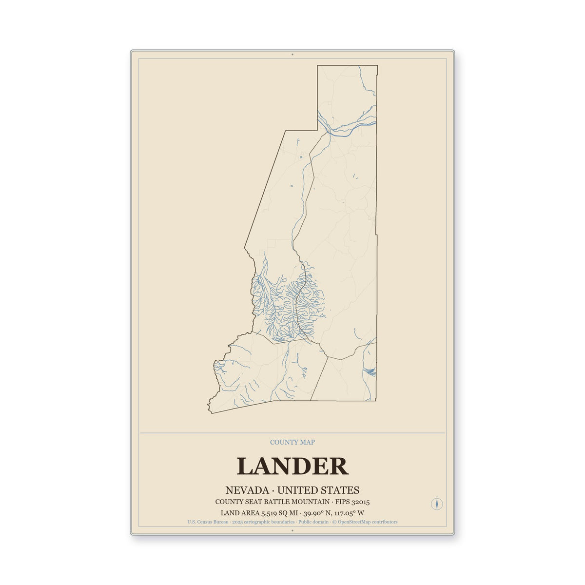 Lander County, Nevada Map Aluminum Sign in Heritage Nautical style