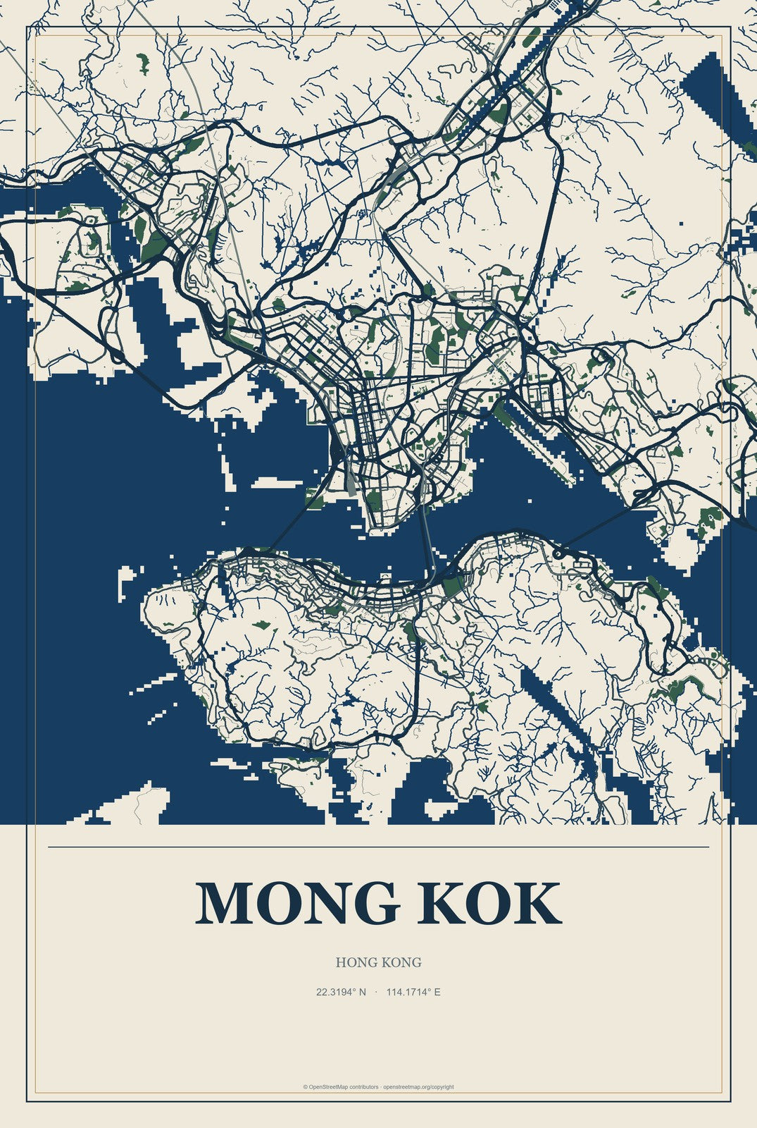 Mong Kok, Hong Kong City Map Aluminum Sign in Coastal Cutout style