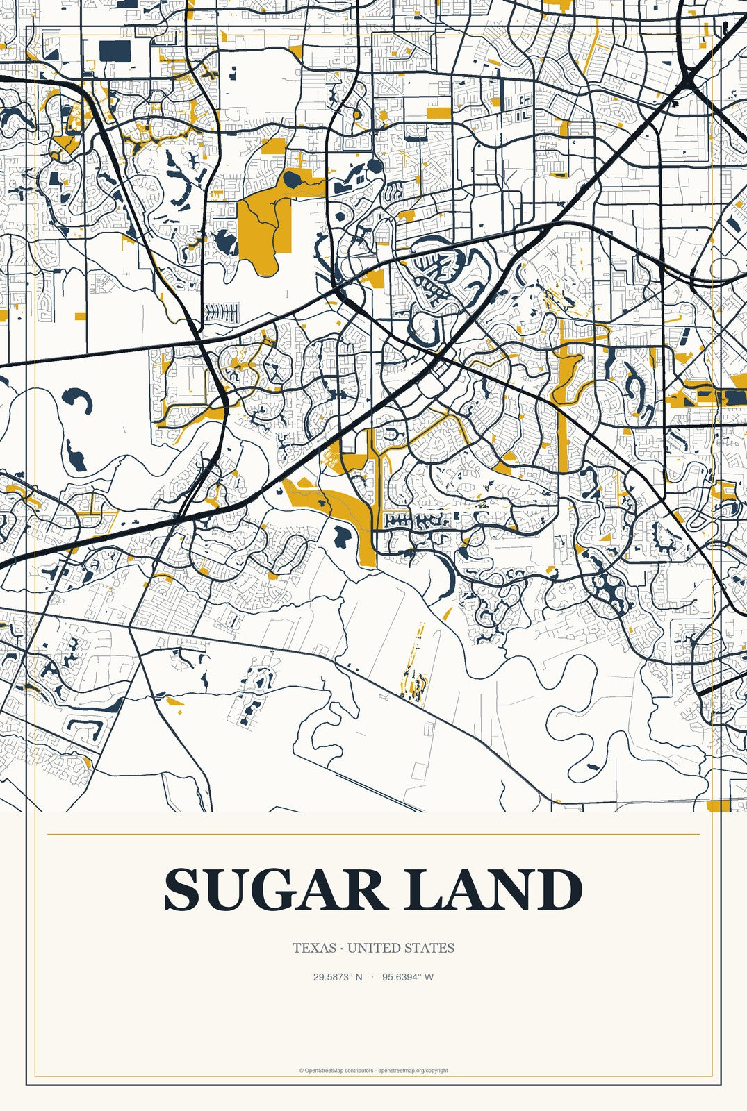 Sugar Land, Texas City Map Aluminum Sign in Citrine Modern style