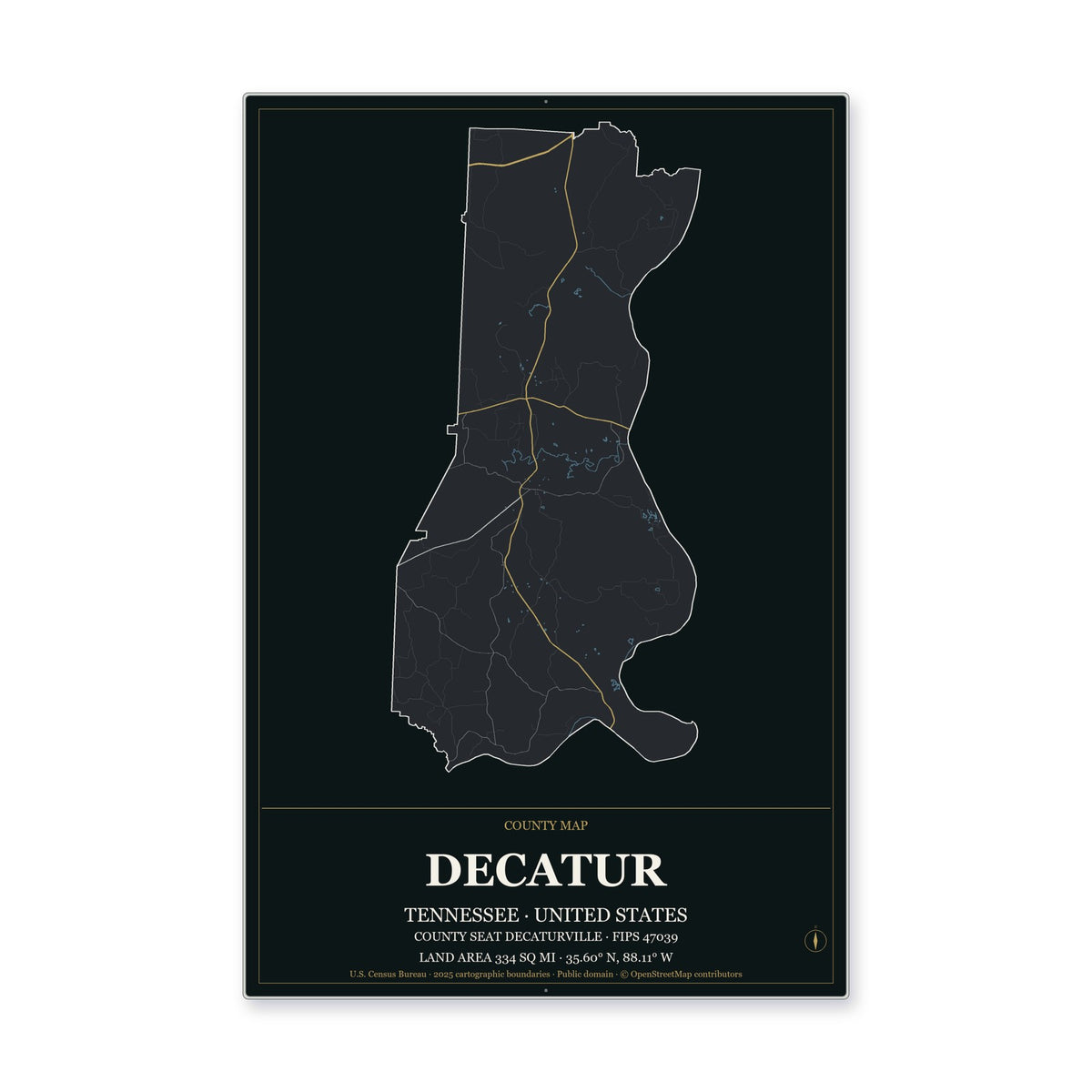 Decatur County, Tennessee Map Aluminum Sign in Metropolitan Noir style