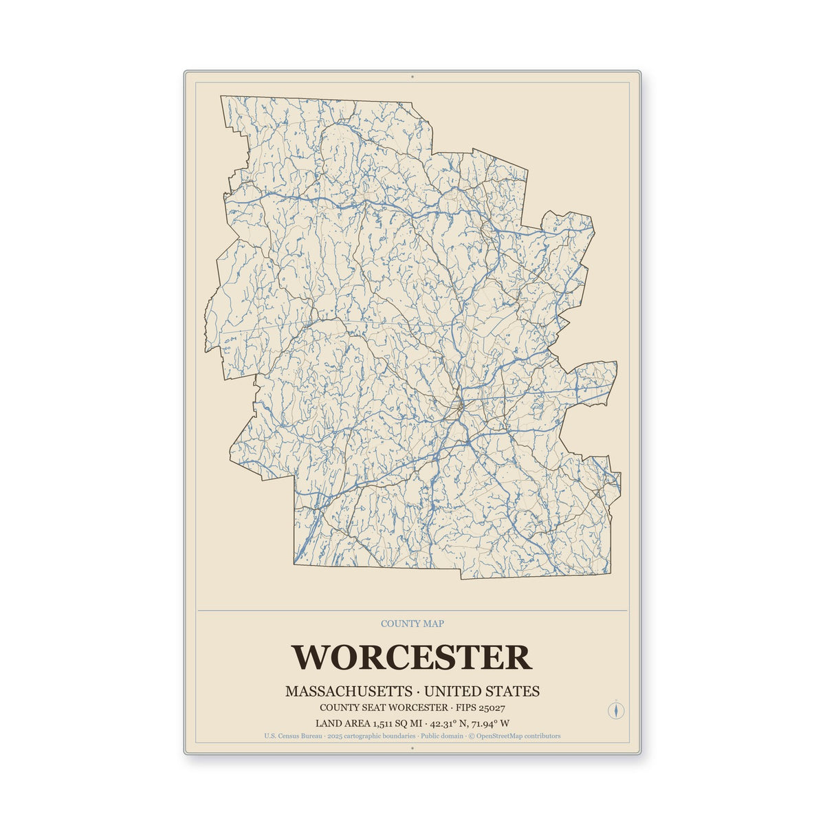 Worcester County, Massachusetts Map Aluminum Sign in Heritage Nautical style