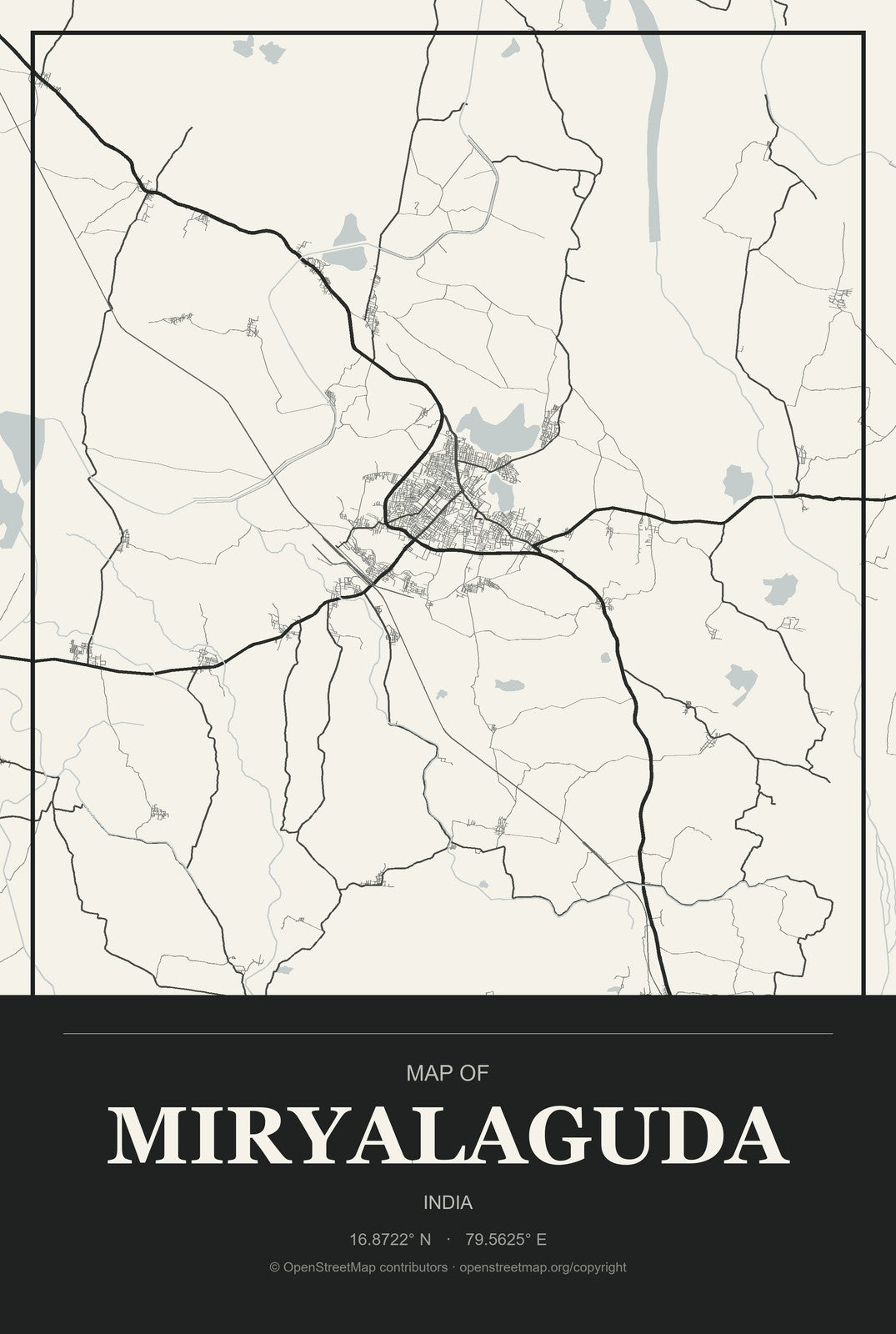 Miryalaguda, India City Map Aluminum Sign in Museum Plaque style
