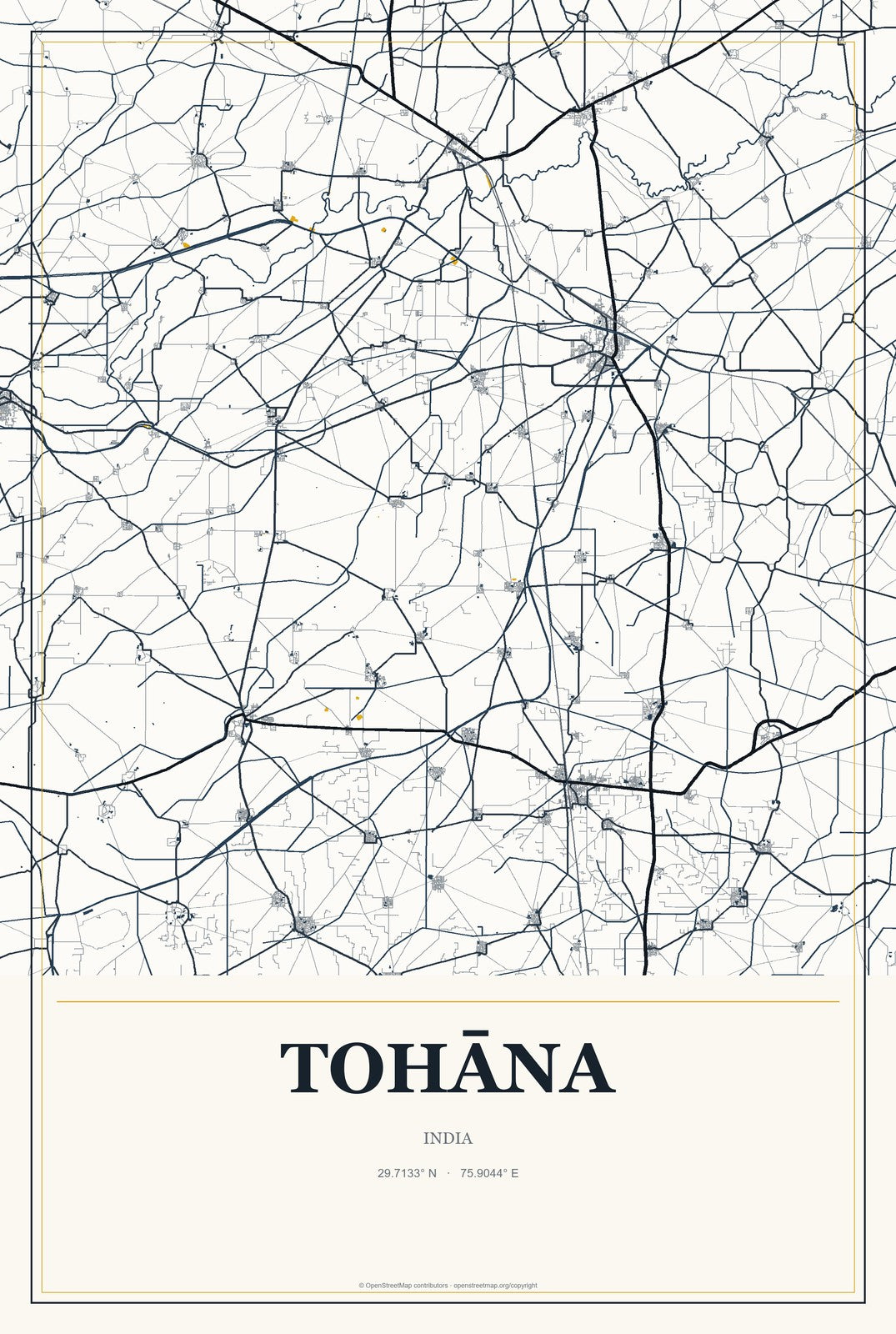 Tohāna, India City Map Aluminum Sign in Citrine Modern style