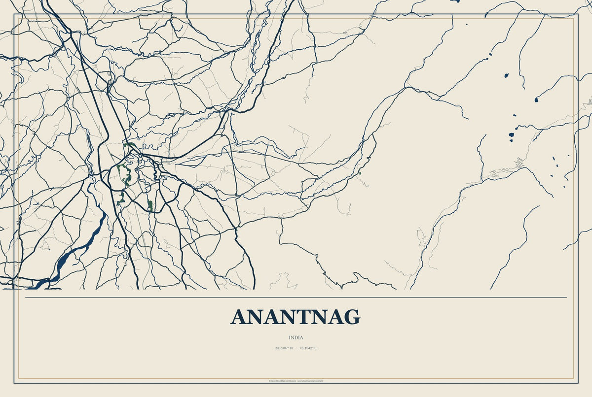 Anantnag, India City Map Aluminum Sign in Coastal Cutout style