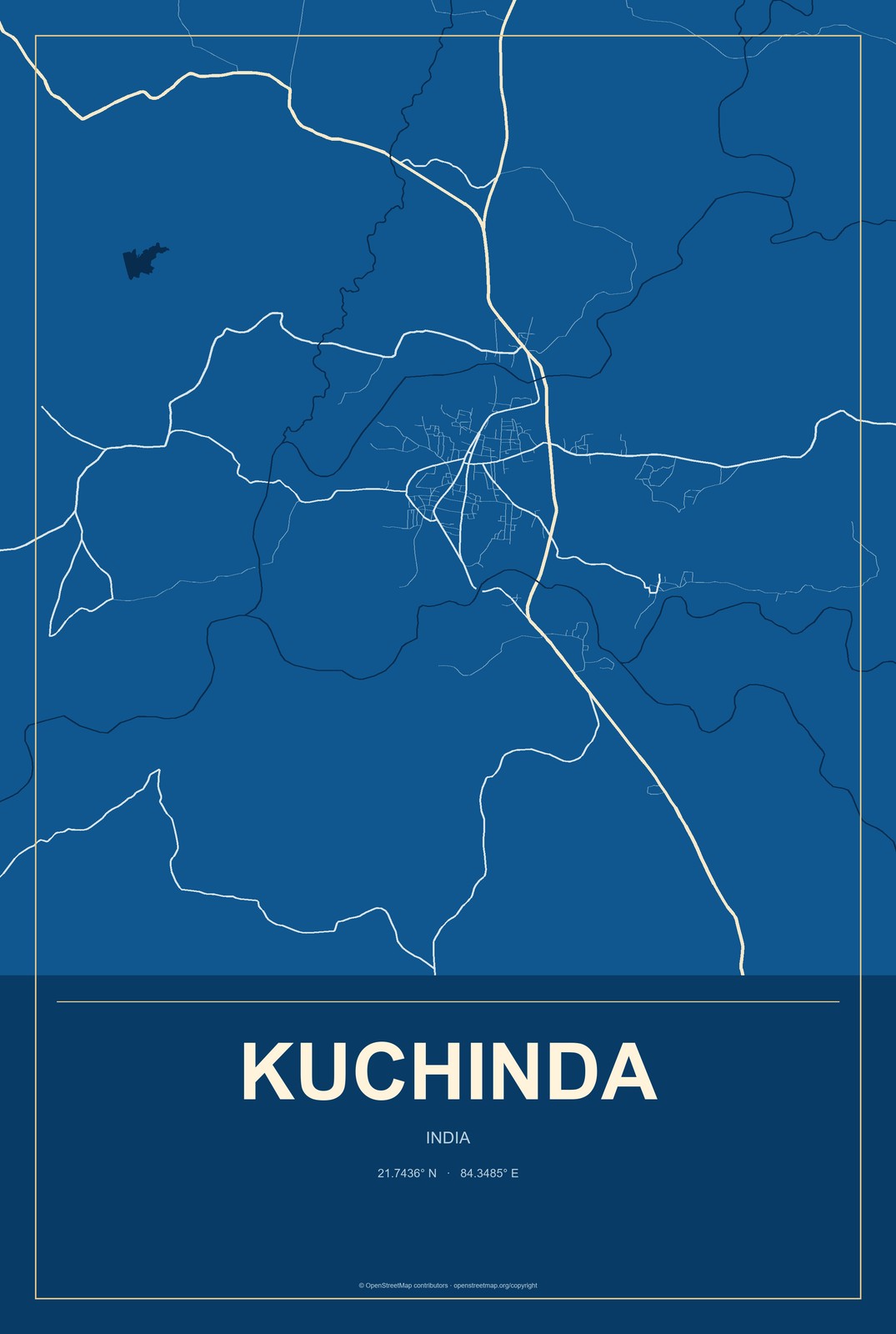 Kuchinda, India City Map Aluminum Sign in Harbor Cobalt style