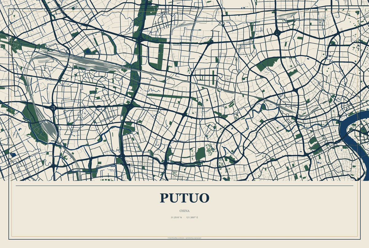 Putuo, China City Map Aluminum Sign in Coastal Cutout style