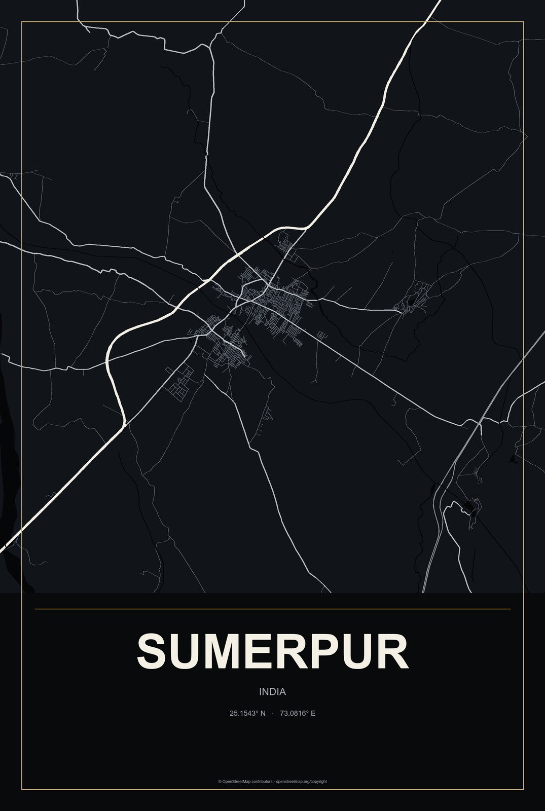 Sumerpur, India City Map Aluminum Sign in Metropolitan Noir style