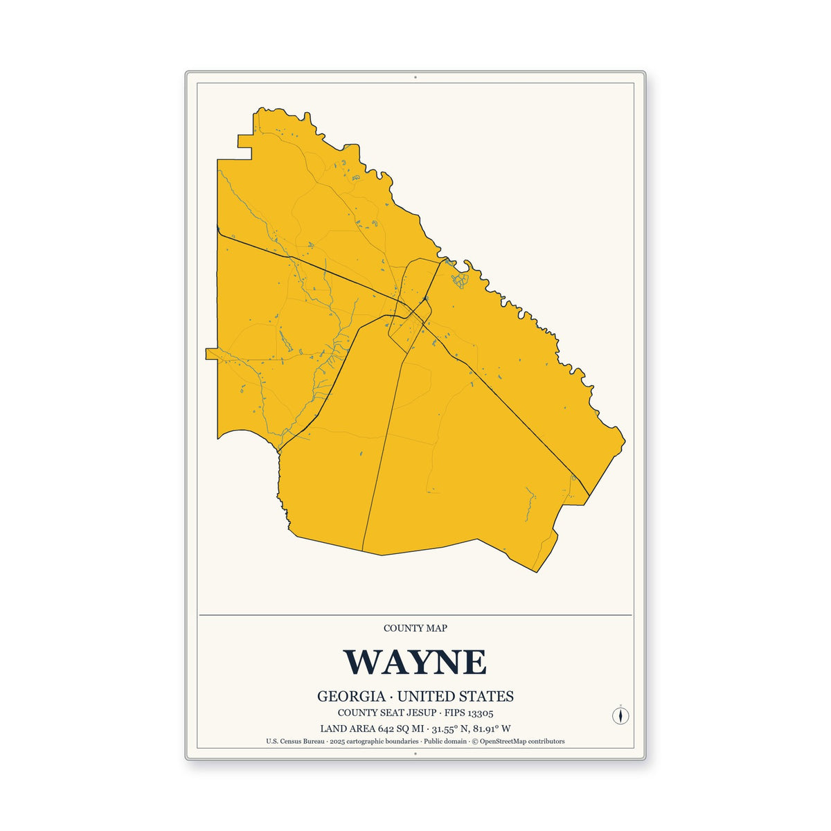Wayne County, Georgia Map Aluminum Sign in Citrine Modern style