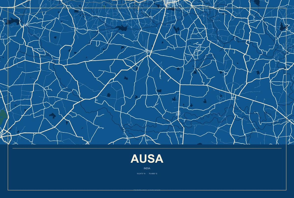 Ausa, India City Map Aluminum Sign in Harbor Cobalt style