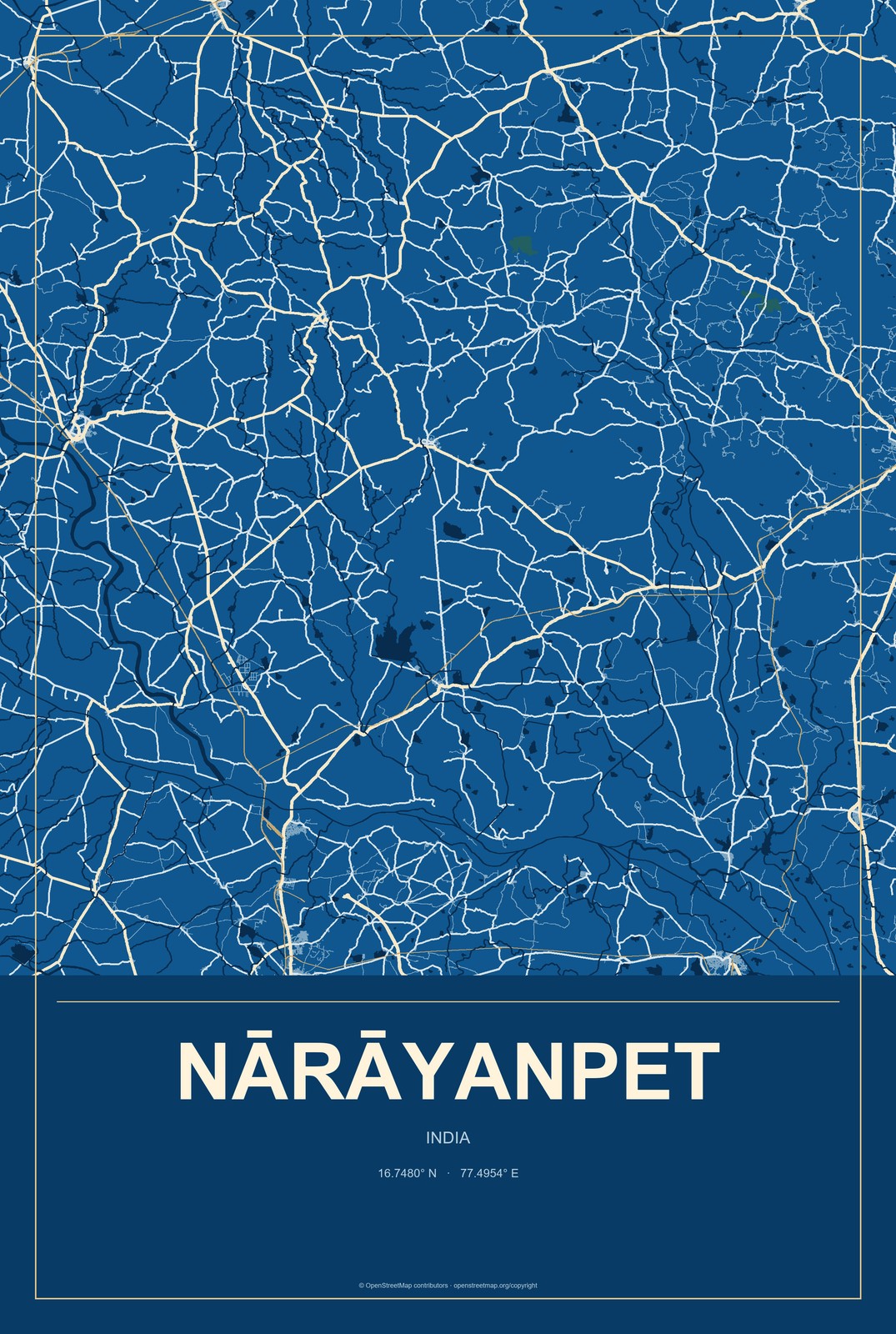 Nārāyanpet, India City Map Aluminum Sign in Harbor Cobalt style
