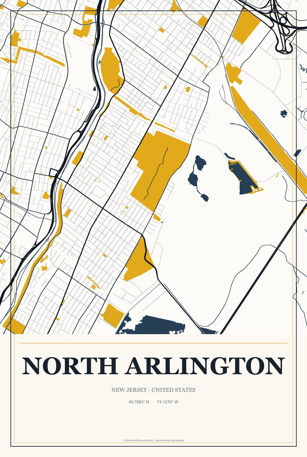 North Arlington, New Jersey City Map Aluminum Sign in Citrine Modern style