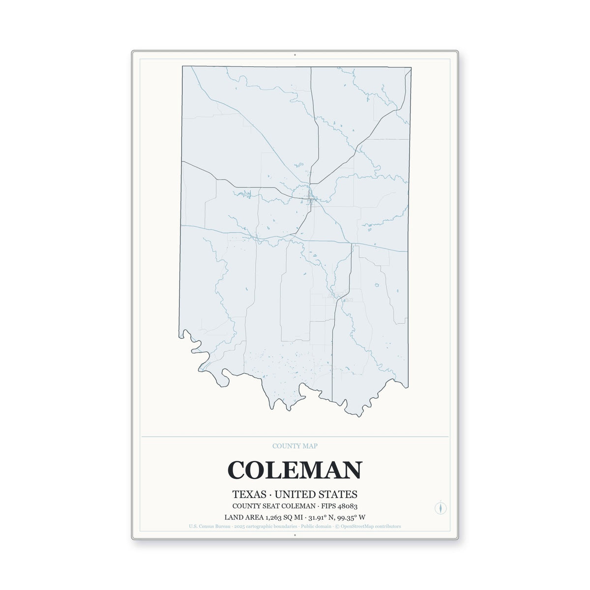 Coleman County, Texas Map Aluminum Sign in Gallery Air style
