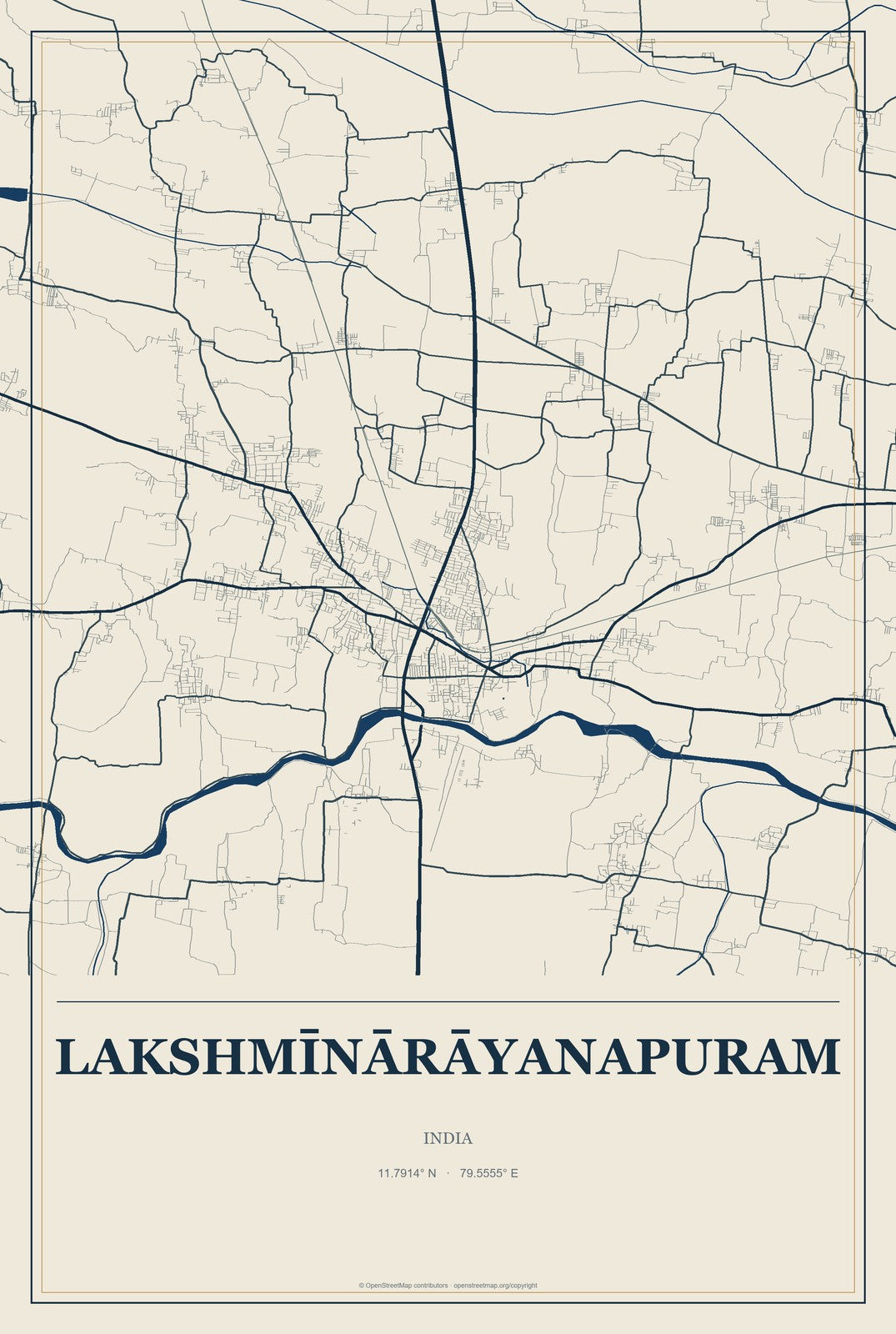 Lakshmīnārāyanapuram, India City Map Aluminum Sign in Coastal Cutout style