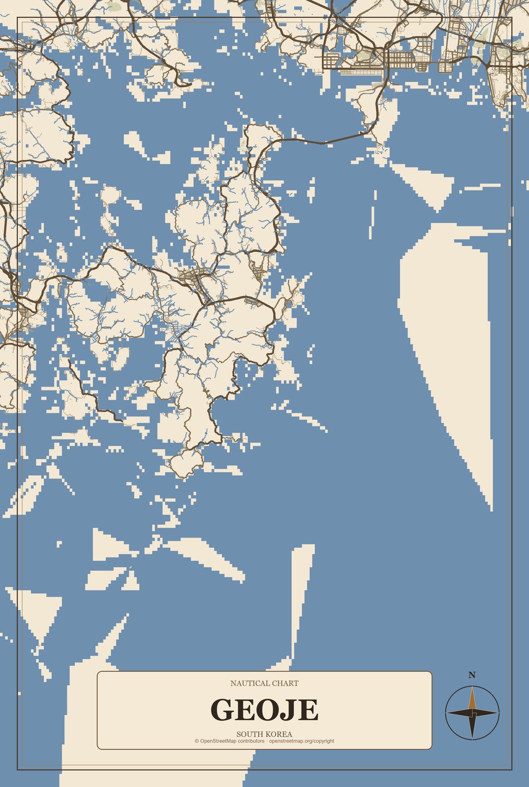 Geoje, South Korea City Map Aluminum Sign in Heritage Nautical style