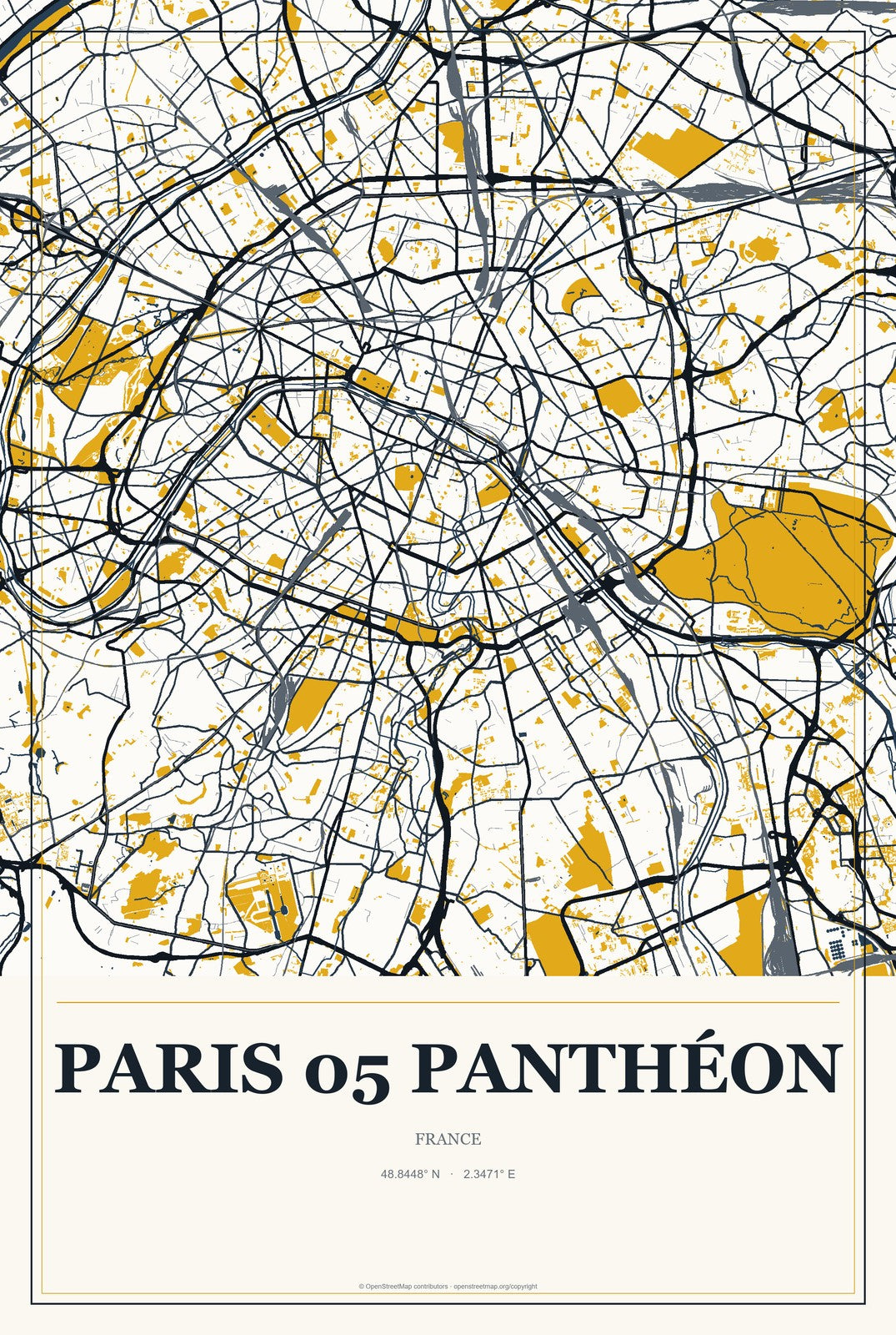 Paris 05 Panthéon, France City Map Aluminum Sign in Citrine Modern style