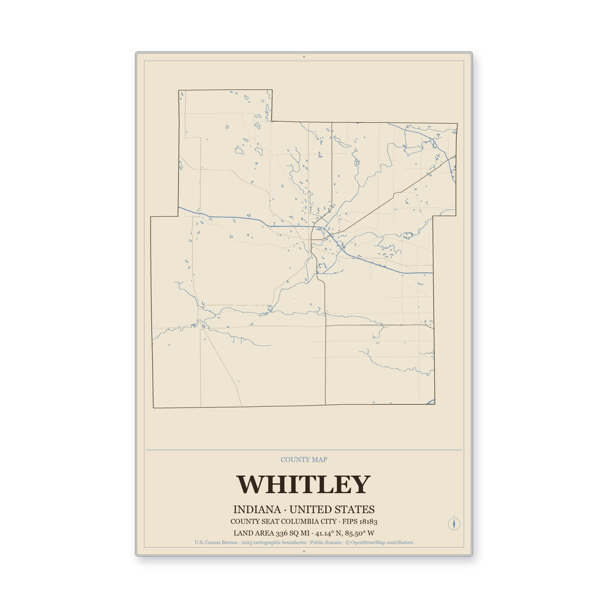 Whitley County, Indiana Map Aluminum Sign in Heritage Nautical style