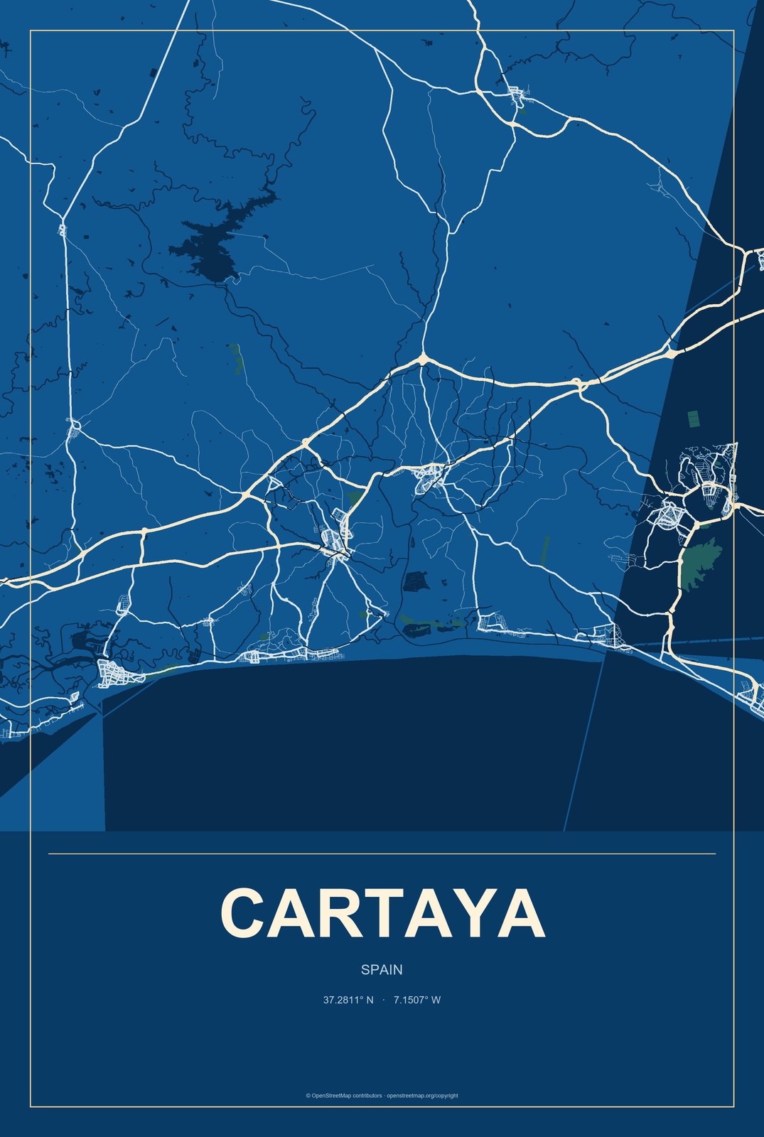Cartaya, Spain City Map Aluminum Sign in Harbor Cobalt style