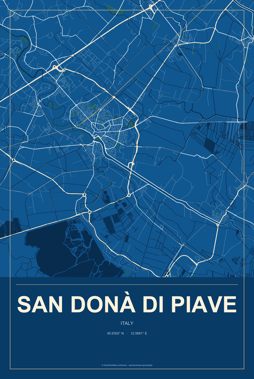 San Donà di Piave, Italy City Map Aluminum Sign in Harbor Cobalt style