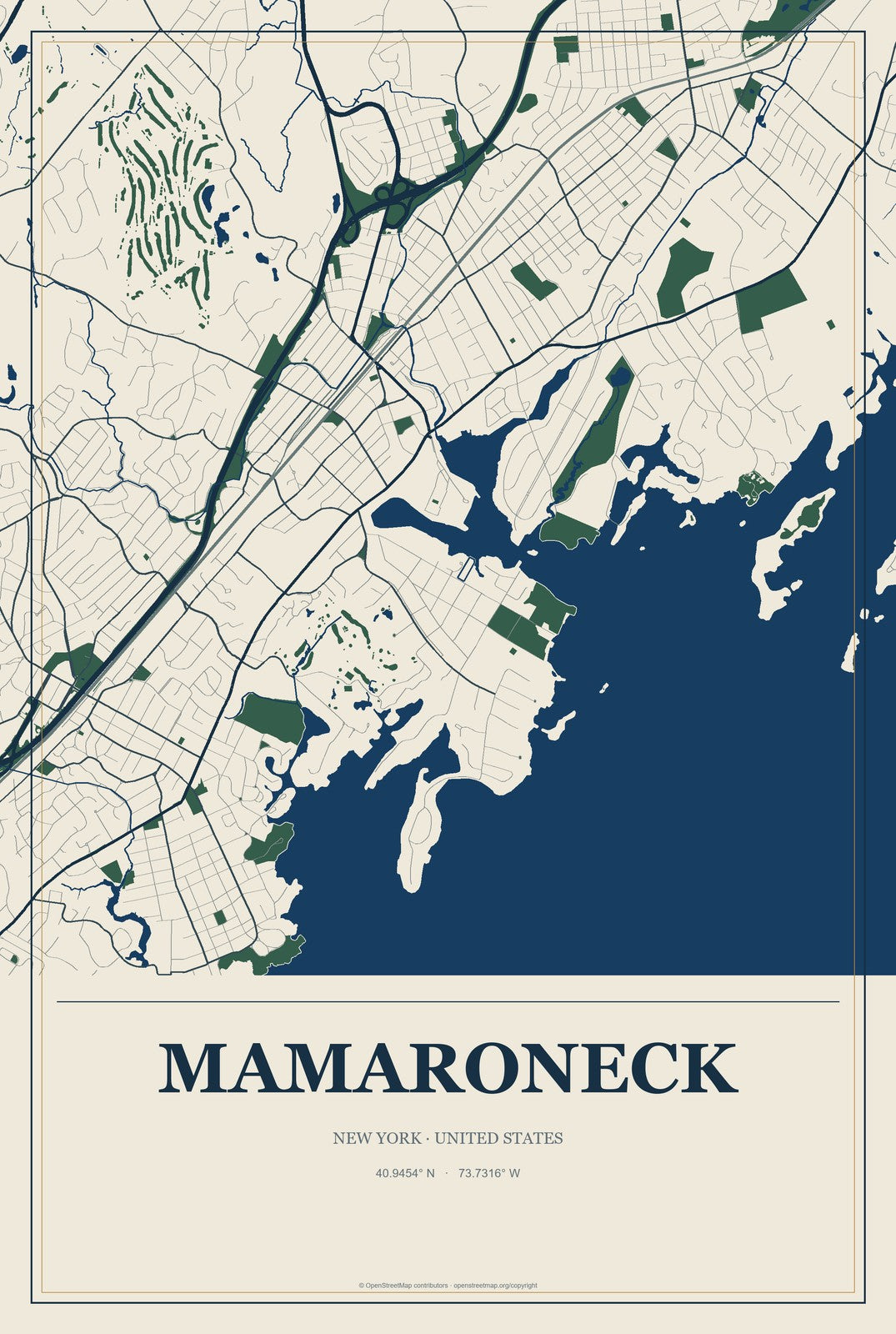 Mamaroneck, New York City Map Aluminum Sign in Coastal Cutout style