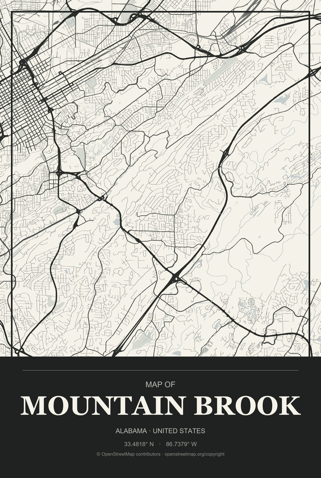 Mountain Brook, Alabama City Map Aluminum Sign in Museum Plaque style