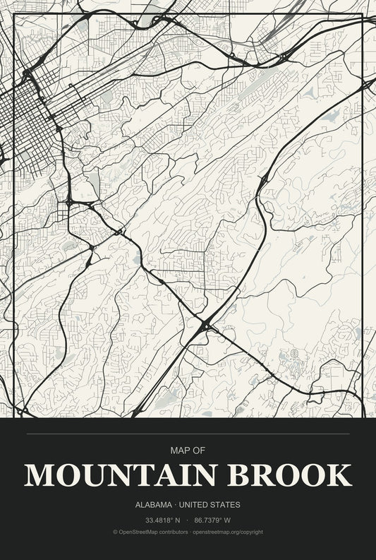 Mountain Brook, Alabama City Map Aluminum Sign in Museum Plaque style