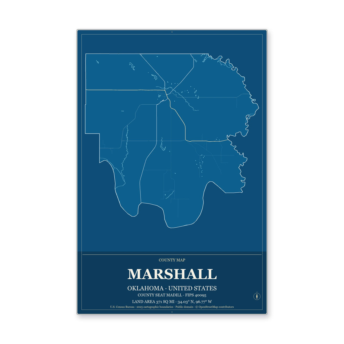 Marshall County, Oklahoma Map Aluminum Sign in Harbor Cobalt style