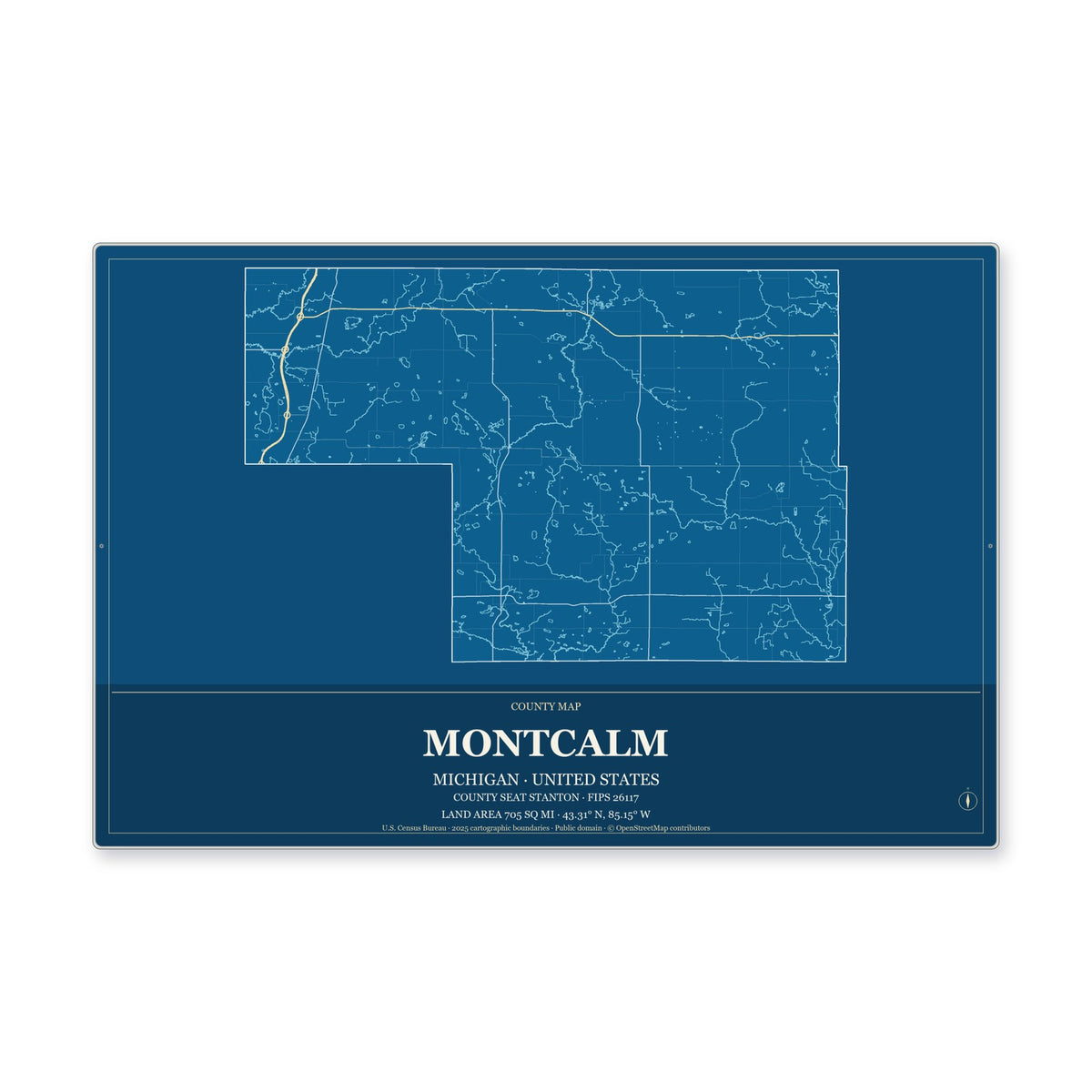 Montcalm County, Michigan Map Aluminum Sign in Harbor Cobalt style