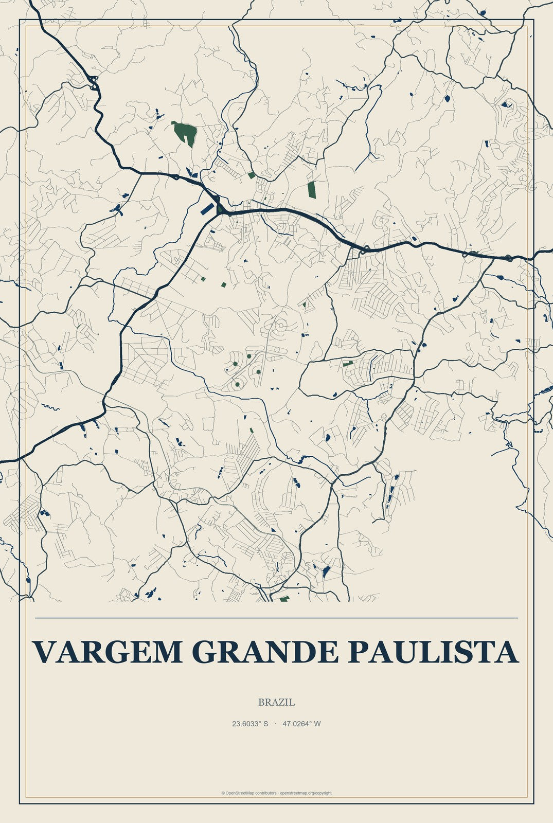 Vargem Grande Paulista, Brazil City Map Aluminum Sign in Coastal Cutout style