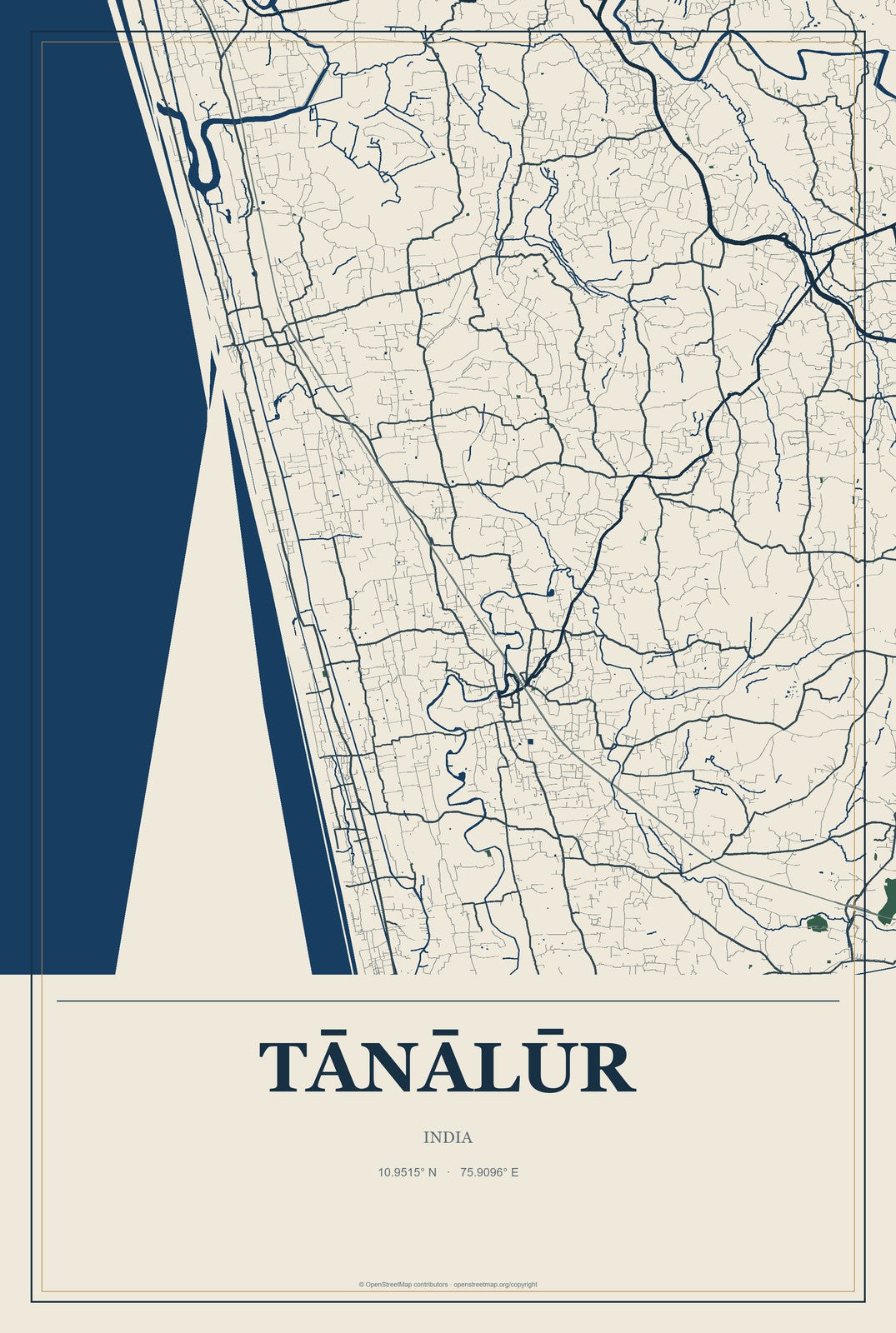 Tānālūr, India City Map Aluminum Sign in Coastal Cutout style